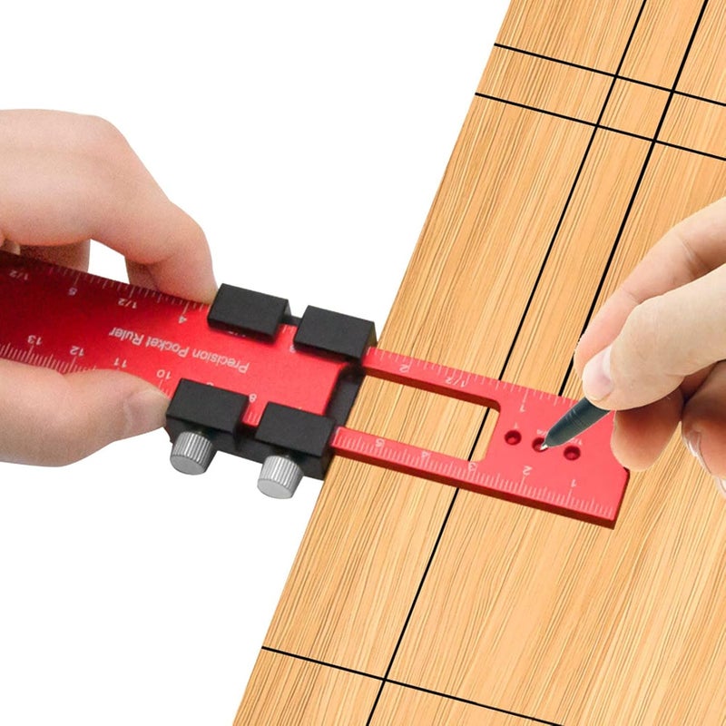 Aluminum Alloy Scribing Ruler Anti Slip Woodworking Tool with Stop Red - Image 2